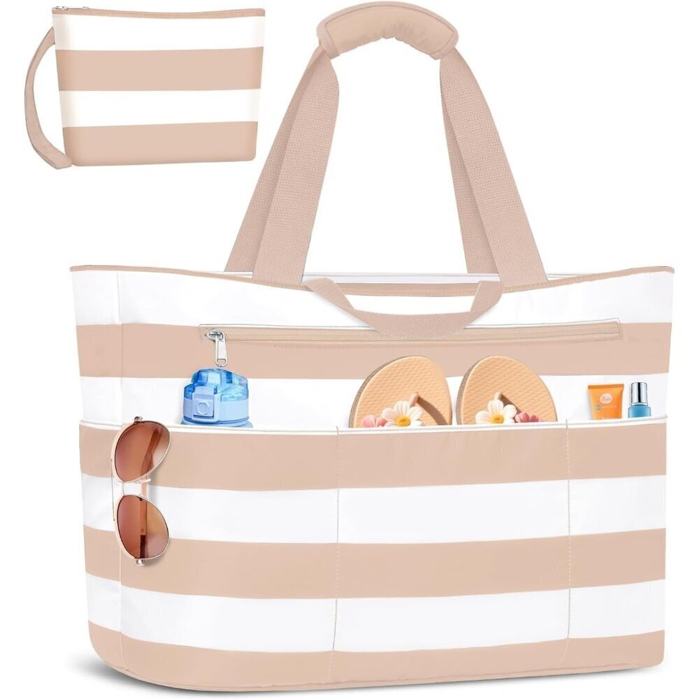 Women's Khaki White Waterproof Sandproof XL Tote Zipper Foldable Beach Bags